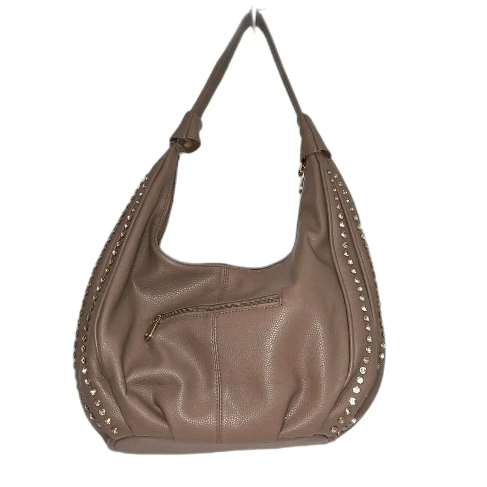 Rhinestone Pebble Grain Slouchy Hobo Bag | Large Shoulder Purse | Taupe Brown